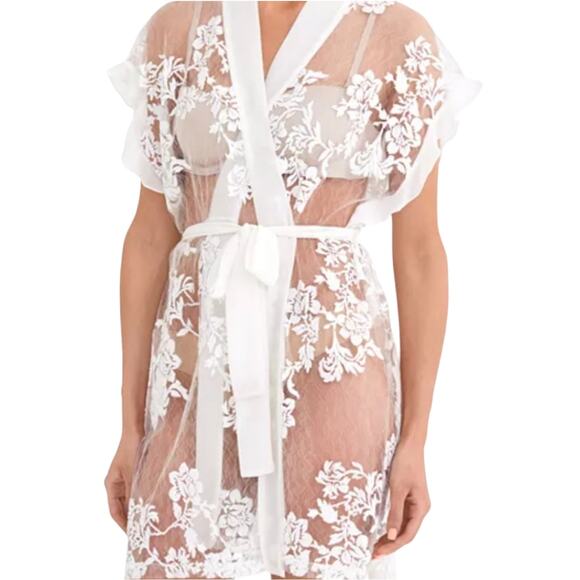 Rya Collection Charming Sheer Floral Mini Beige Ivory Robe Cover Up Size XS - Picture 13 of 14